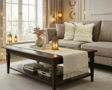 رانر مع 2 كفر كوشن بيج – نقش نجوم فخم ولمسة ديكور راقية